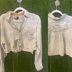 Distressed Light Blue Cropped Denim Shirt